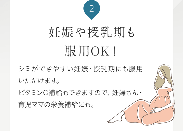 2 妊娠や授乳期も服用OK!シミができやすい妊娠・授乳期にも服用いただけます。ビタミンC補給もできますので、妊婦さん・育児ママの栄養補給にも。