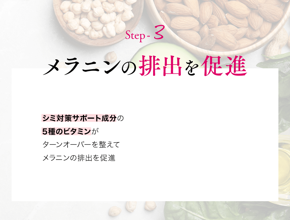 Step-3メラニンの排出を促進シミ対策サポート成分の5種のビタミンがターンオーバーを整えてメラニンの排出を促進