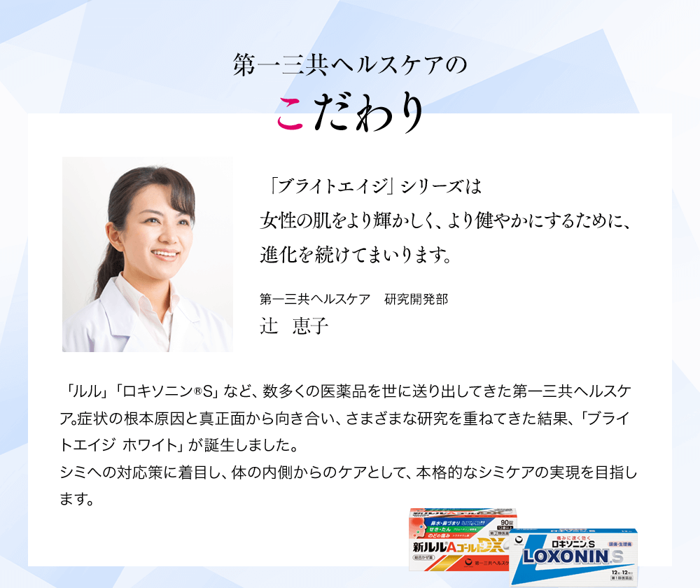 第一三共ヘルスケアのこだわり「ブライトエイジ」シリーズは女性の肌をより輝かしく、より健やかにするために、進化を続けてまいります。第一三共ヘルスケア研究開発部辻恵子「ルル」「ロキソニン®S」など、数多くの医薬品を世に送り出してきた第一三共ヘルスケア。症状の根本原因と真正面から向き合い、さまざまな研究を重ねてきた結果、「ブライトエイジ ホワイト」が誕生しました。シミへの対応策に着目し、体の内側からのケアとして、本格的なシミケアの実現を目指します。