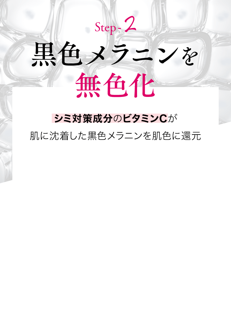 Step-2黒色メラニンを無色化シミ対策成分のビタミンCが肌に沈着した黒色メラニンを肌色に還元