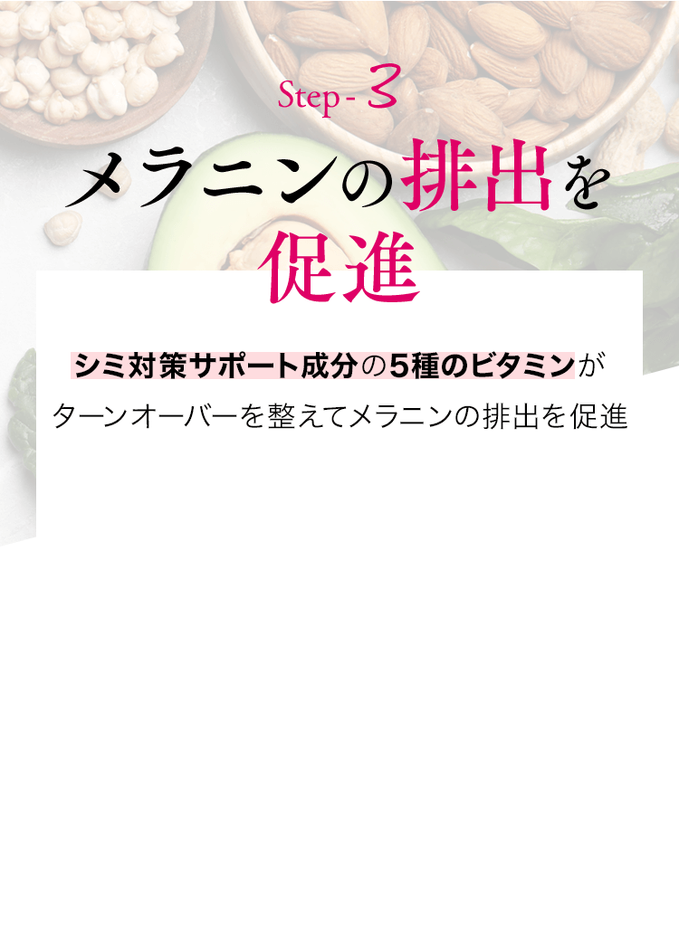 Step-3メラニンの排出を促進シミ対策サポート成分の5種のビタミンがターンオーバーを整えてメラニンの排出を促進