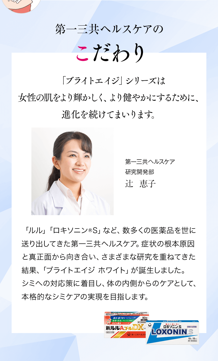 第一三共ヘルスケアのこだわり「ブライトエイジ」シリーズは女性の肌をより輝かしく、より健やかにするために、進化を続けてまいります。第一三共ヘルスケア研究開発部辻恵子「ルル」「ロキソニン®S」など、数多くの医薬品を世に送り出してきた第一三共ヘルスケア。症状の根本原因と真正面から向き合い、さまざまな研究を重ねてきた結果、「ブライトエイジ ホワイト」が誕生しました。シミへの対応策に着目し、体の内側からのケアとして、本格的なシミケアの実現を目指します。