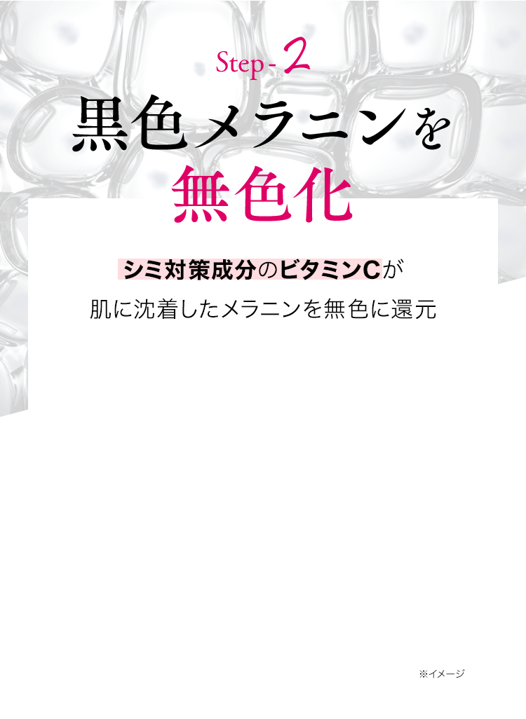 Step-2黒色メラニンを無色化シミ対策成分のビタミンCが肌に沈着したメラニンを無色に還元