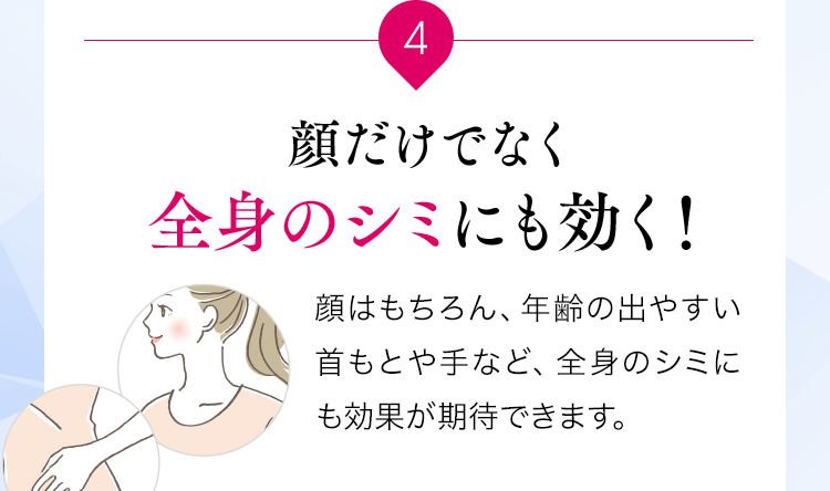 4 顔だけでなく全身のシミにも効く！顔はもちろん、年齢の出やすい首もとや手など、全身のシミにも効果が期待できます。