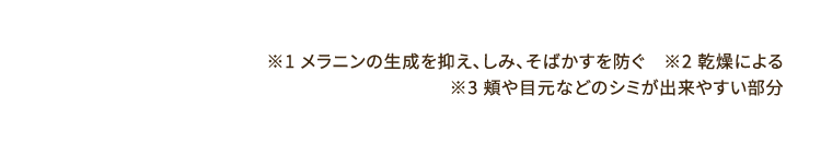 ※1 メラニンの生成を抑え、しみ、そばかすを防ぐ ※2 乾燥による※3 頬や目元などのシミが出来やすい部分