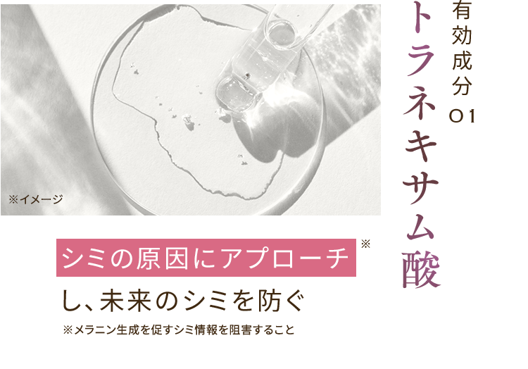 有効成分01 トラネキサム酸 シミの原因にアプローチ※し、未来のシミを防ぐ ※メラニン生成を促すシミ情報を阻害すること