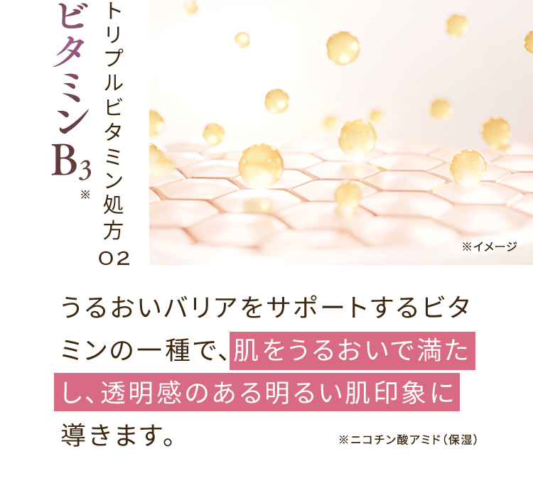 トリプルビタミン処方02 ビタミンB3※ うるおいバリアをサポートするビタミンの一種で、肌をうるおいで満たし、透明感のある明るい肌印象に導きます。 ※ニコチン酸アミド（保湿）