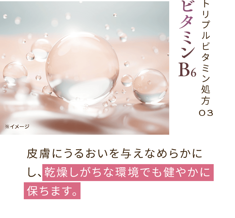 トリプルビタミン処方03 ビタミンB6 皮膚にうるおいを与えなめらかにし、乾燥しがちな環境でも健やかに保ちます。