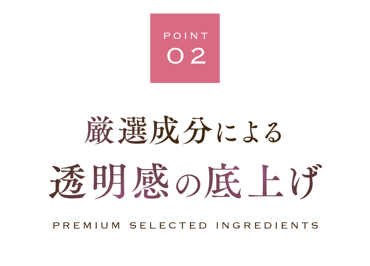 【POINT 02】厳選成分による透明感の底上げ PREMIUM SELECTED INGREDIENTS