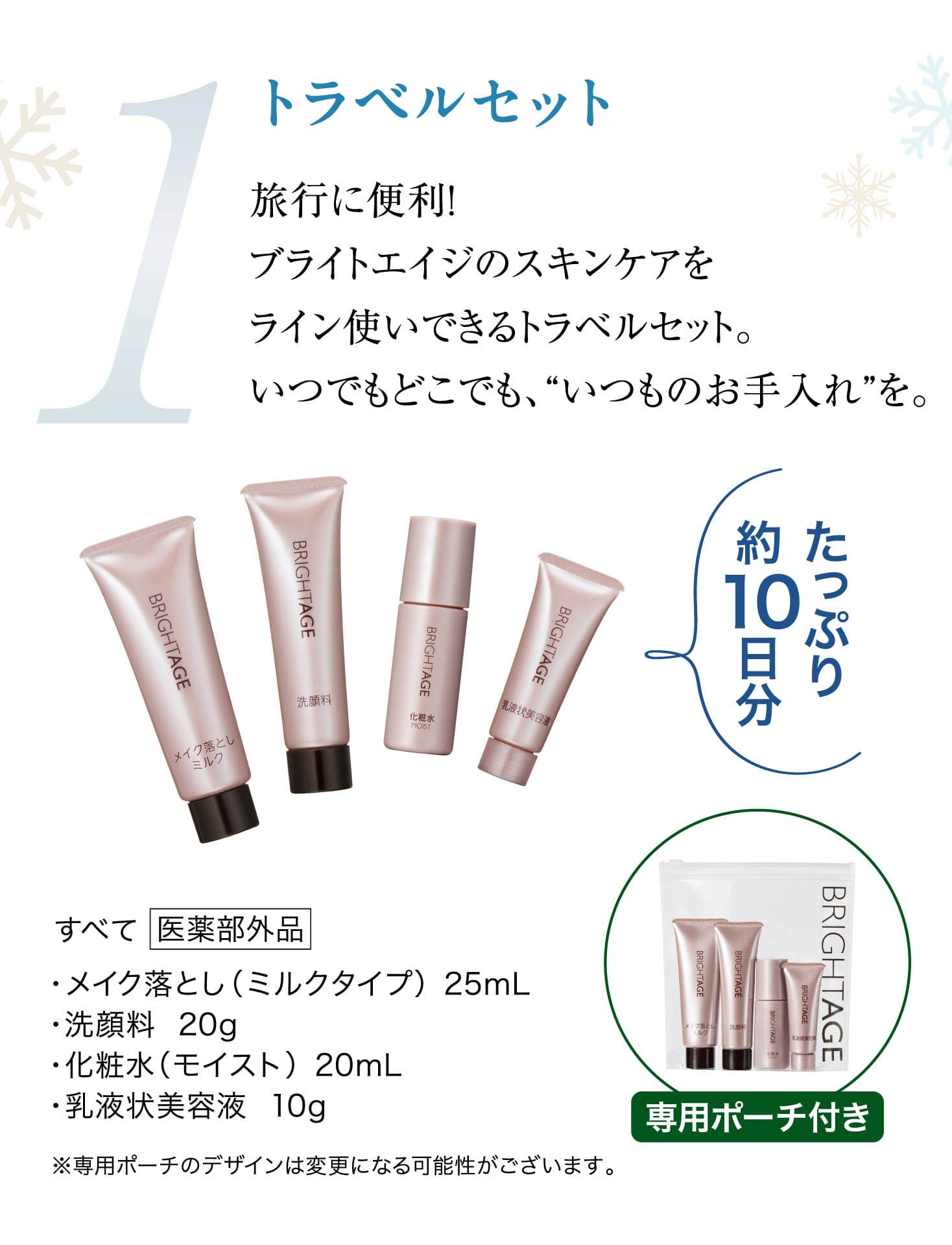 1 トラベルセット 旅行に便利！ブライトエイジのスキンケアをライン使いできるトラベルセット。いつでもどこでも、“いつものお手入れ”を。・メイク落とし（ミルクタイプ）  25mL・洗顔料  20g・化粧水（モイスト）  20mL・乳液状美容液  10g たっぷり10日分