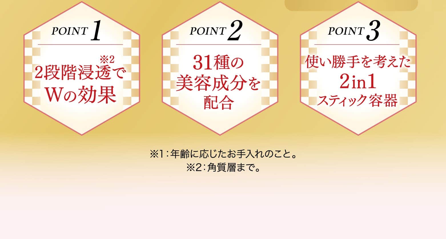 
				POINT1 2段階浸透でWの効果
				POINT2 31種の美容成分を配合
				POINT3 使い勝手を考えた2in1スティック容器
				※1：年齢に応じたお手入れのこと。
				※2：角質層まで。
			