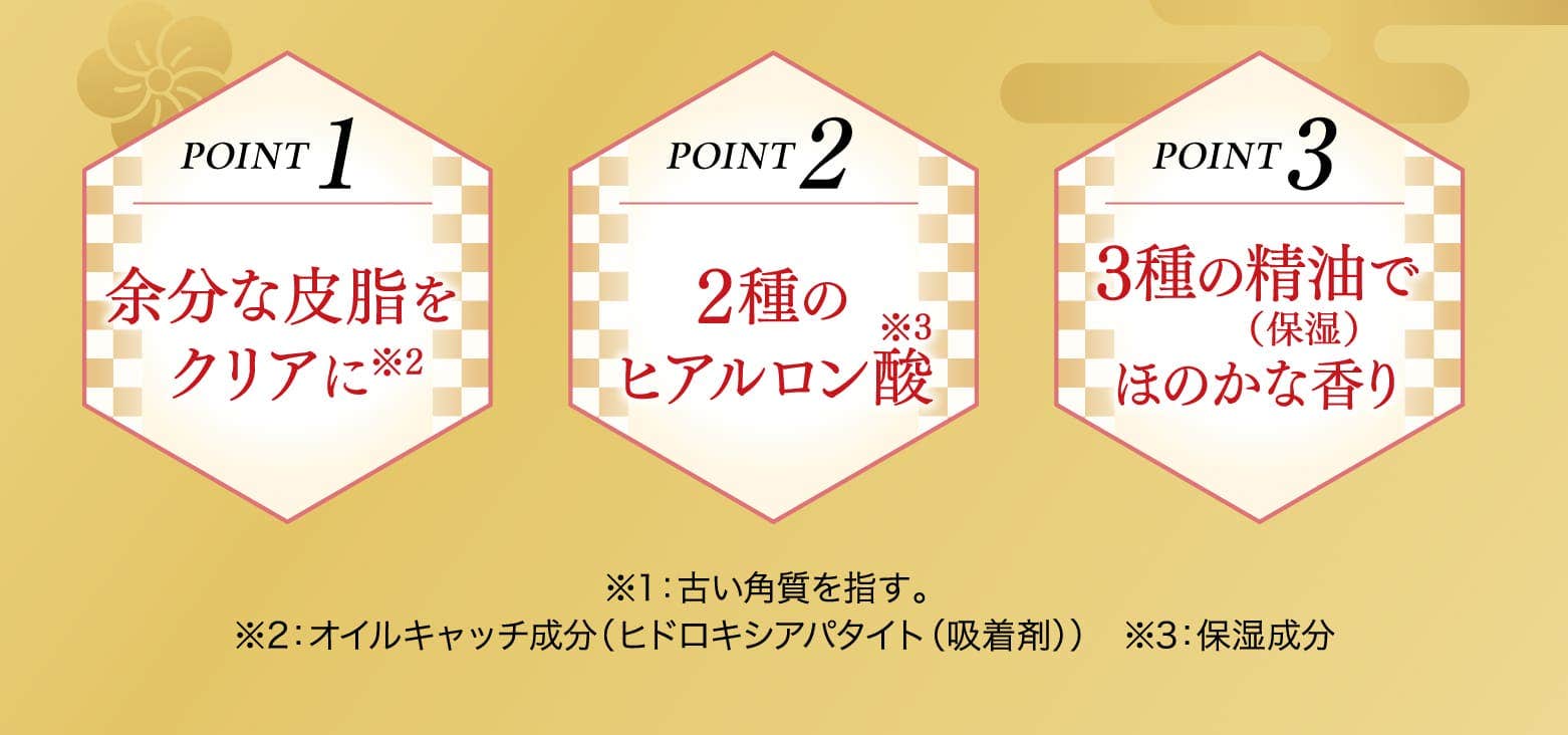 
				POINT1 余分な皮脂をクリアに
				POINT2 2種のヒアルロン酸
				POINT3 3種の精油でほのかな香り
				※1：古い角質を指す。　
				※2：オイルキャッチ成分（ヒドロキシアパタイト（吸着剤））　※3：保湿成分
			