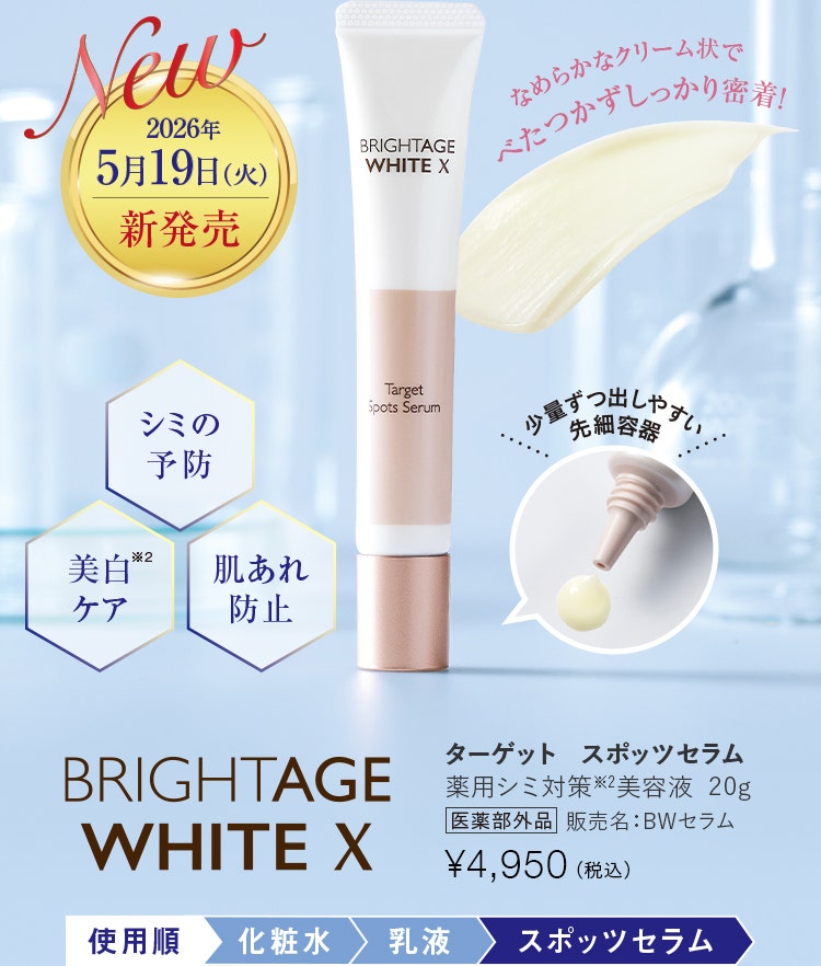 2026年5月19日（火）新発売 ターゲット　スポッツセラム 薬用シミ対策※2美容液 20g 販売名：BWセラム ￥4,950（税込）