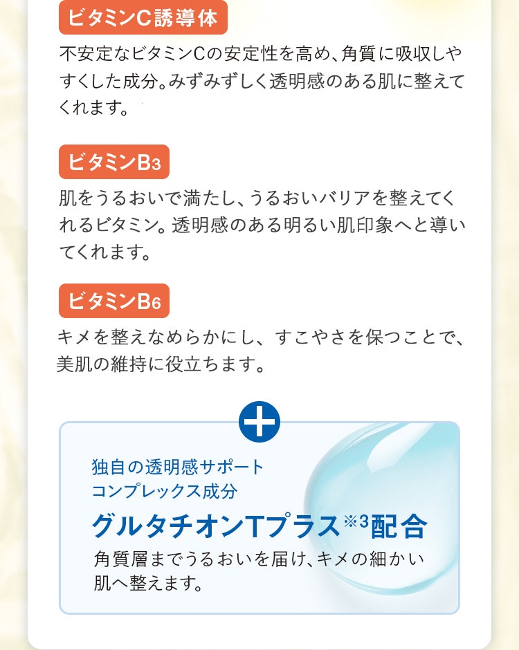 ビタミンC誘導体 ビタミンB3 ビタミンB6＋グルタチオンTプラス※3配合