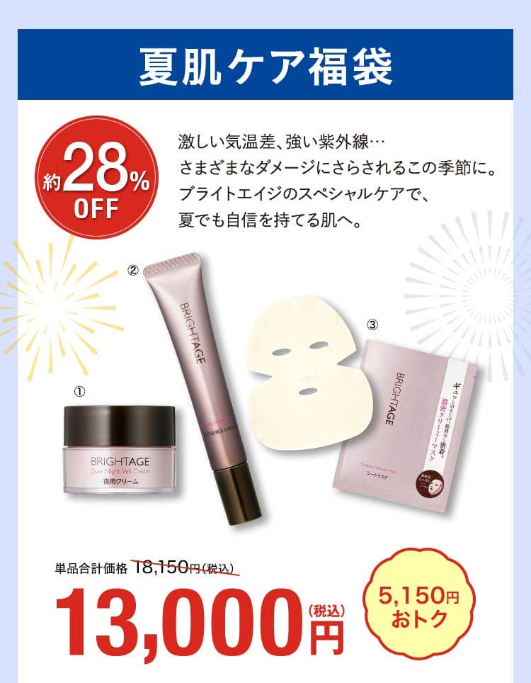 夏肌ケア福袋 28%OFF 激しい気温差、強い紫外線…さまざまなダメージにさらされるこの季節に。ブライトエイジのスペシャルケアで、夏でも自信を持てる肌へ。 13000円 5150円おトク