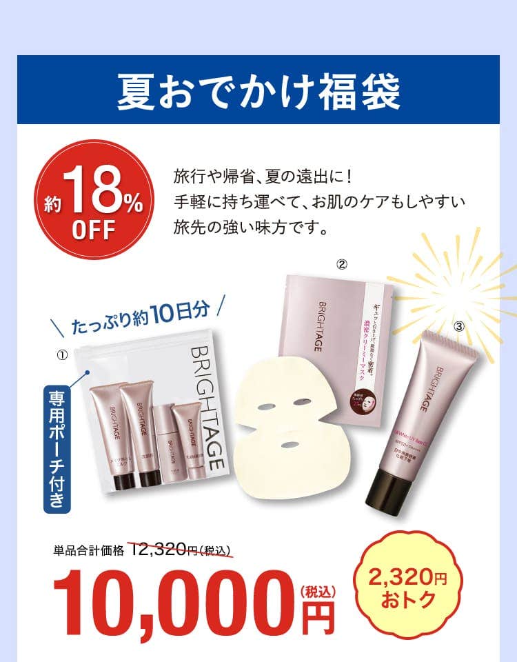 夏おでかけ福袋 旅行や帰省、夏の遠出に！ 手軽に持ち運べて、お肌のケアもしやすい 旅先の強い味方です。 18%OFF 10,000円 2320円おトク