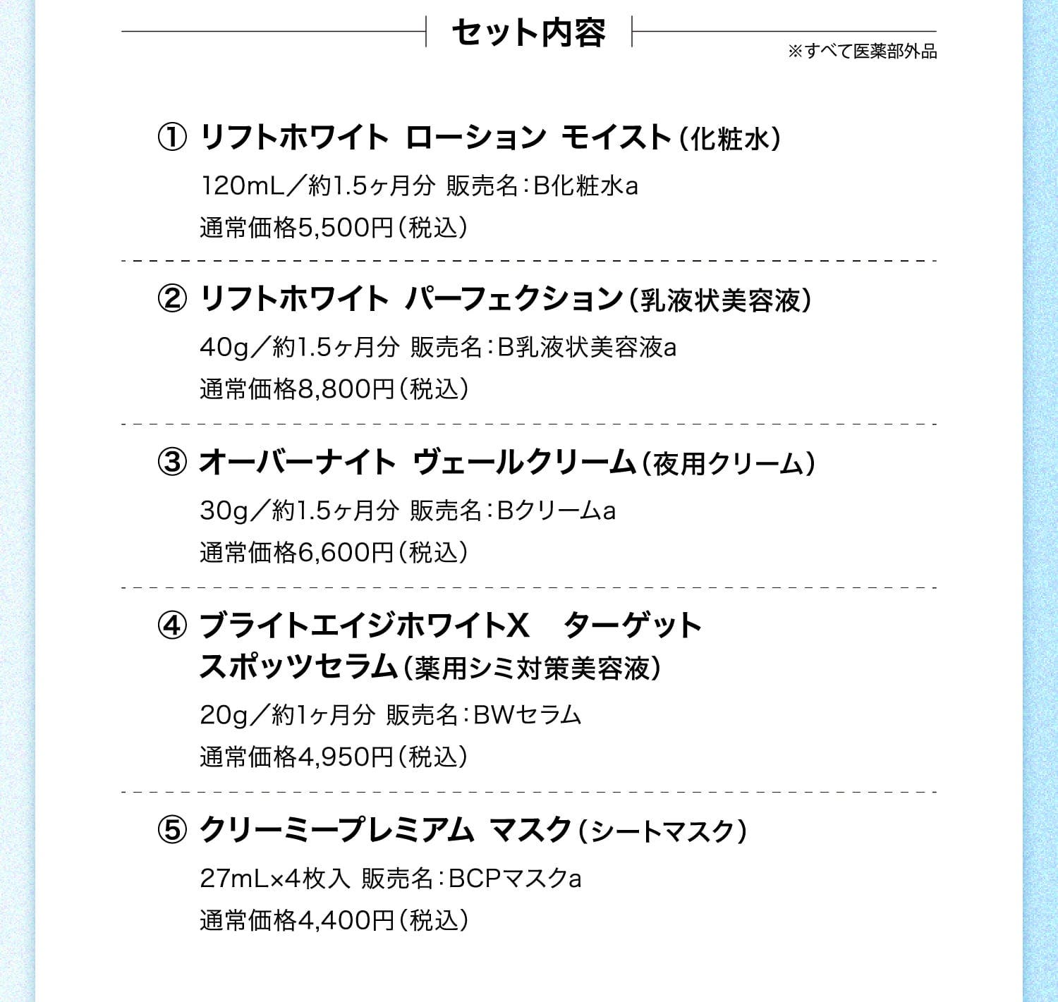 セット内容 ※すべて医薬部外品 ①リフトホワイト ローション モイスト（化粧水）120mL／約1.5ヶ月分 販売名：B化粧水a 通常価格5,500円（税込） ②リフトホワイト パーフェクション（乳液状美容液）40g／約1.5ヶ月分 販売名：B乳液状美容液a 通常価格8,800円（税込） ③オーバーナイト ヴェールクリーム（夜用クリーム）30g／約1.5ヶ月分 販売名：Bクリームa 通常価格6,600円（税込） ④ブライトエイジホワイトX ターゲット スポッツセラム（薬用シミ対策美容液）20g／約1ヶ月分 販売名：BWセラム 通常価格4,950円（税込） ⑤クリーミープレミアム マスク（シートマスク）27mL×4枚入 販売名：BCPマスクa 通常価格4,400円（税込）