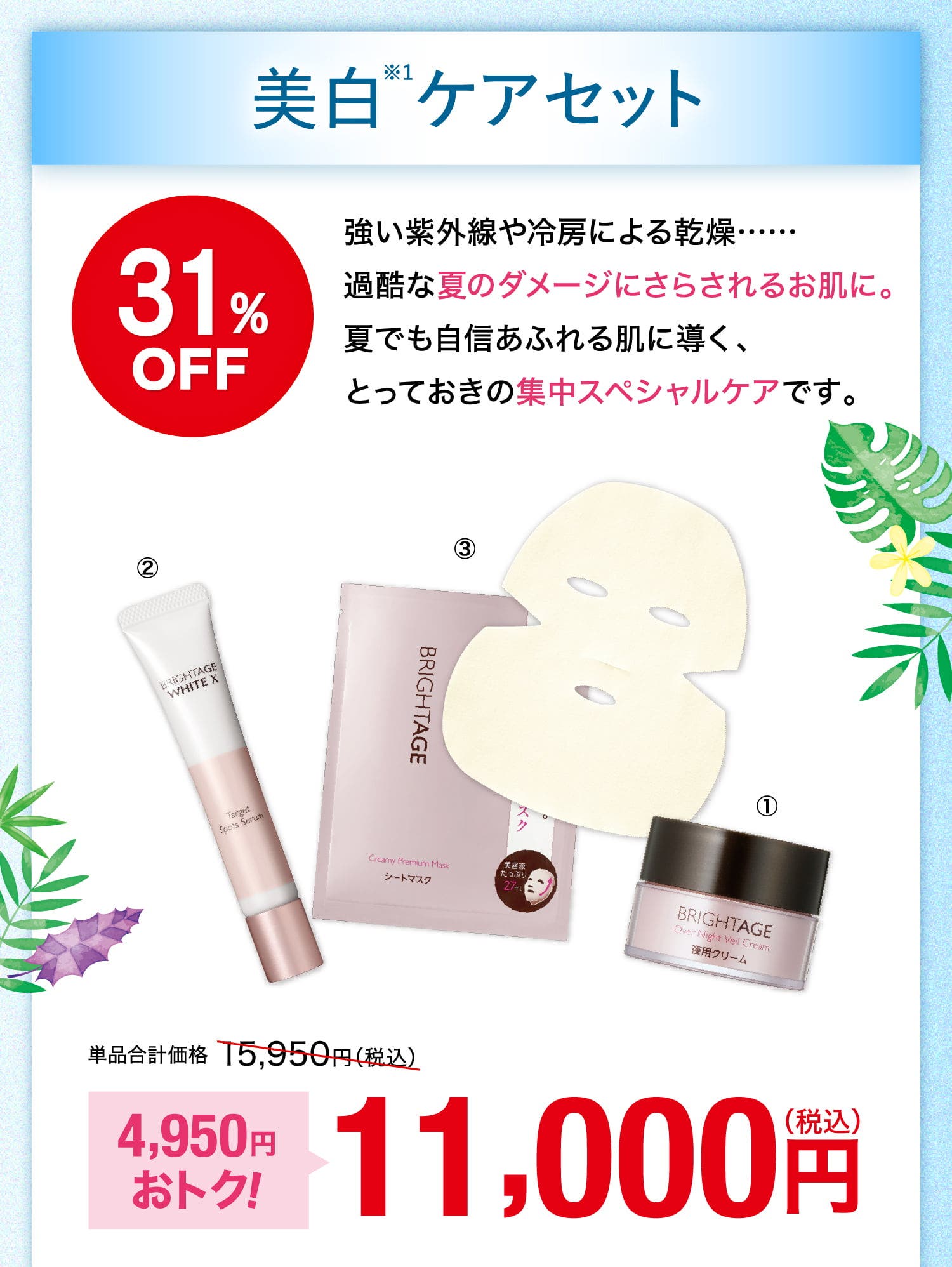美白※1ケアセット 31%OFF 強い紫外線や冷房による乾燥……過酷な夏のダメージにさらされるお肌に。夏でも自信あふれる肌に導く、とっておきの集中スペシャルケアです。 単品合計価格15,950円（税込） 4,950円おトク！ 11,000円（税込）