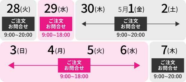 ご注文・お問合せが、4/29(水)9:00～18:00、4/30(木)-5/2(土) 9:00～20:00、5/3(日)-5/6(水) 9:00～18:00、5/7(木)9:00～20:00
