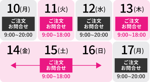 8月13日(木)～15日(土)営業時間変更 ご注文・お問合せ9:00～18:00