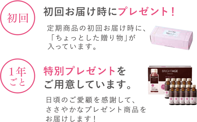 初回お届け時にプレゼント! 定期商品の初回お届け時に、「ちょっとした贈り物」が入っています。1年ごとに特別プレゼントをご用意しています。日頃のご愛顧を感謝して、ささやかなプレゼント商品をおとどけします!